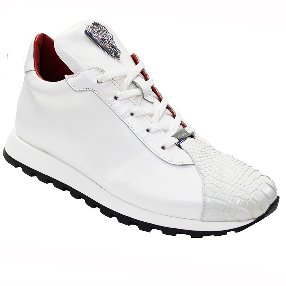 Fennix Italy "Felix " White Genuine Alligator / Calf-Skin Leather Casual Sneakers.